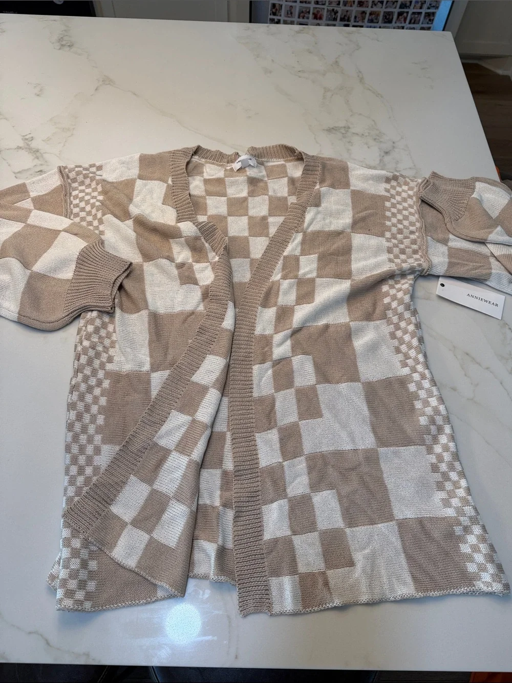 Beige & White Checker Knit Cardigan